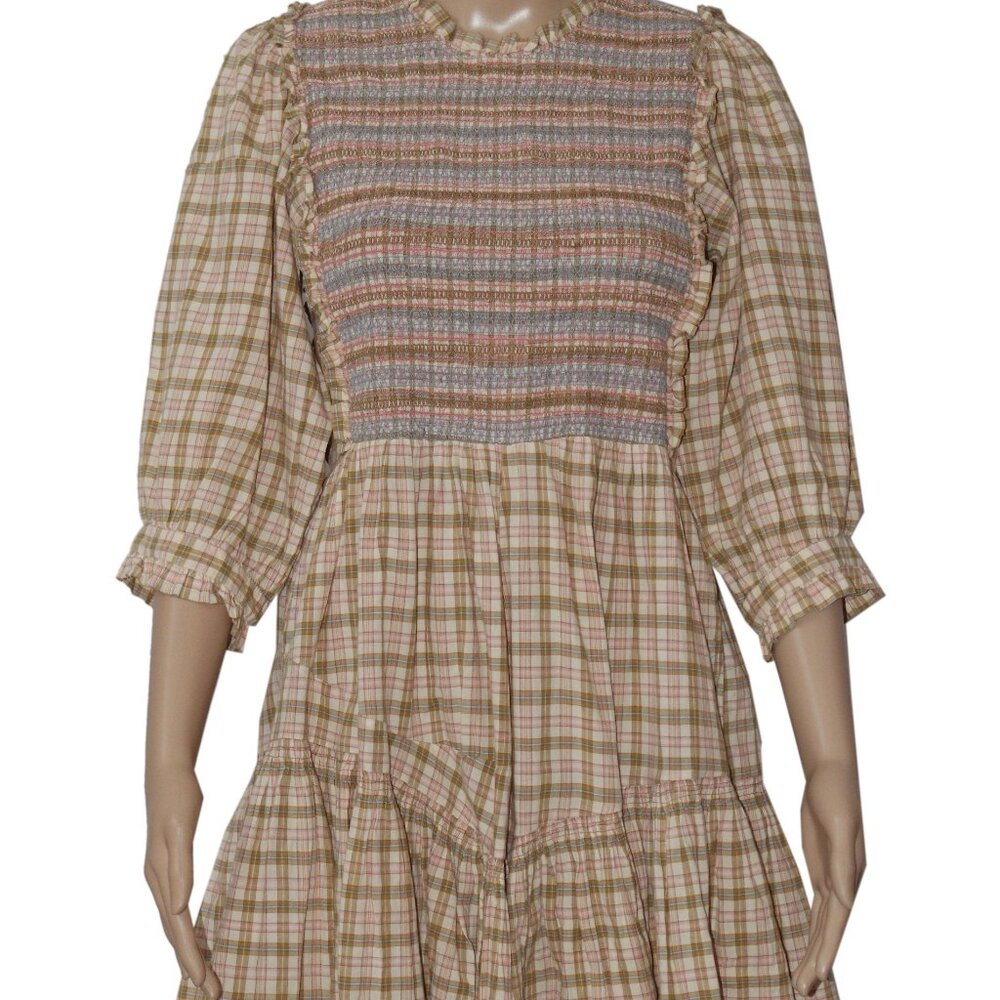 Doen Leda Dress Austin Plaid Printed Smocked Ruffle Mini New S - Picture 2 of 6